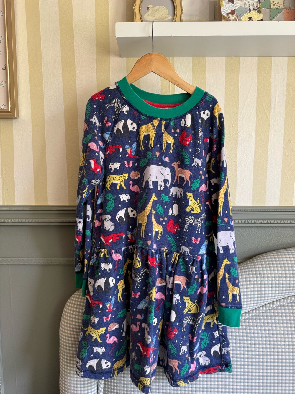 Mini Boden Navy Animal Print Dress with Green Trim
